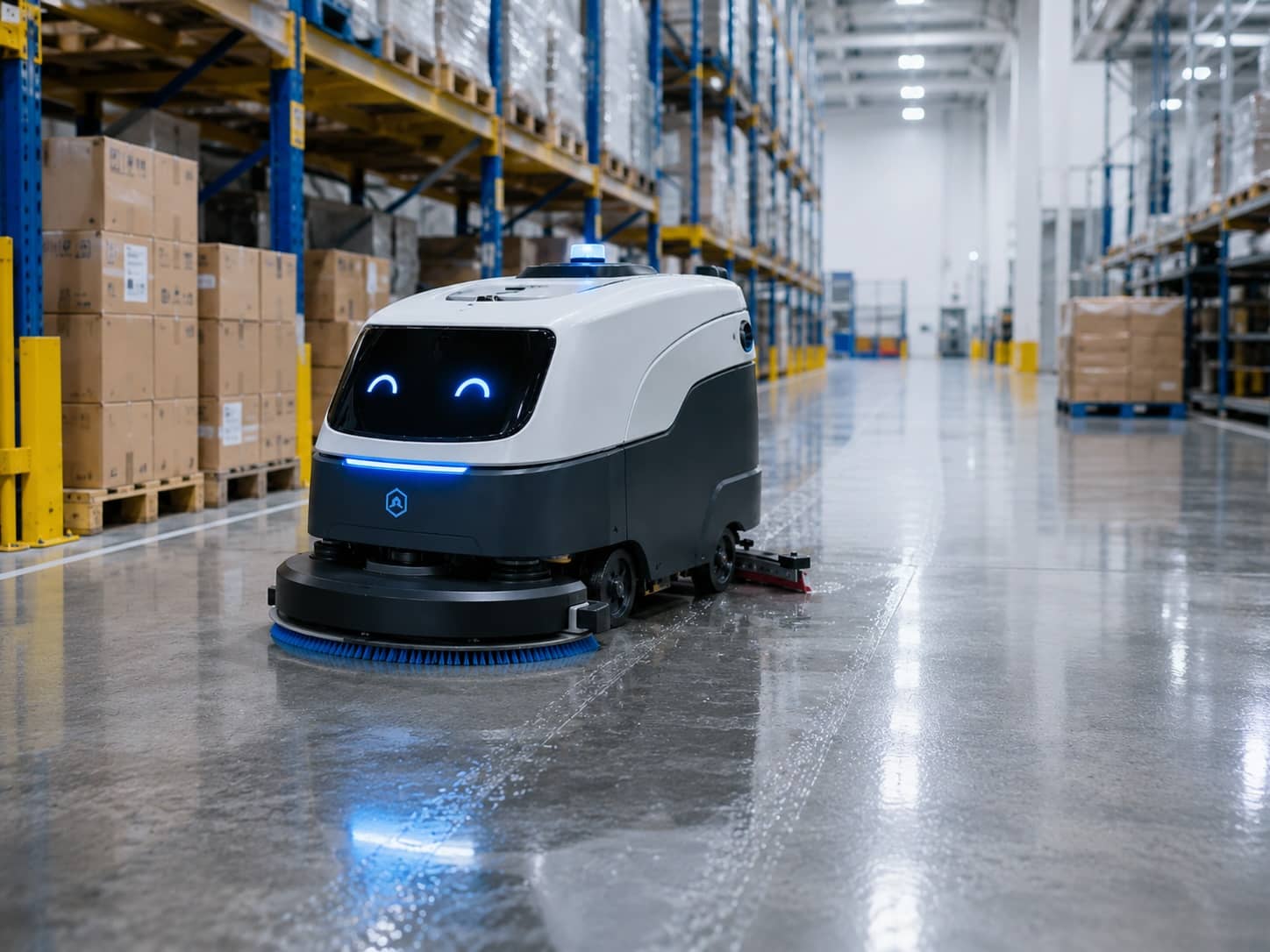 Robot laveur pro dans un entrepôt